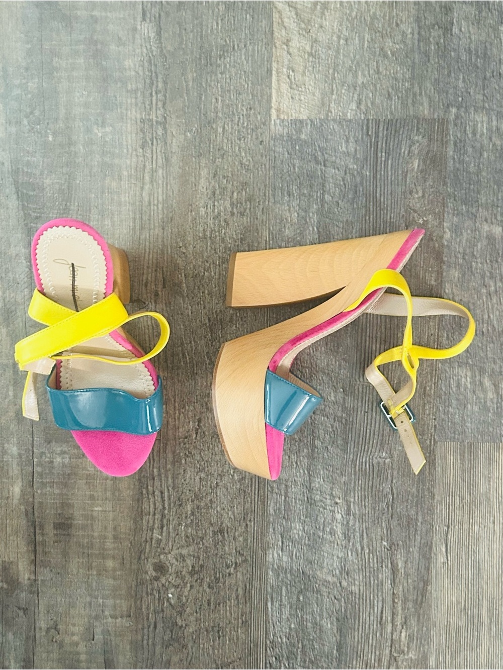 Jean Michael Cazabat Platform Block Heel Sandals in Pink, Yellow & Teal